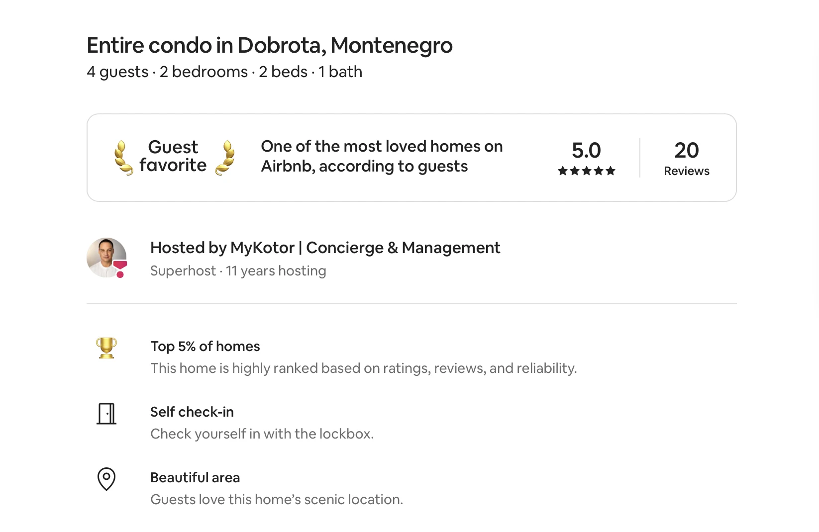 Airbnb-Gastgeberprofil mit MyKotor als Gastgeber und Superhost-Status